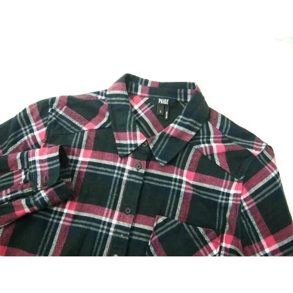 Paige Womens Top Shirt S Flannel Plaid Navy Blue Pink Long Sleeve Button Collar - Picture 2 of 5